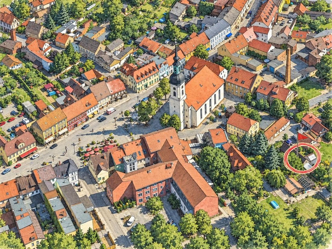Gezeichnete Luftbildkarte der Lübbenauer Altstadt: der lange Marktplatz läuft spitz auf die Nikolaikirche zu, rechts neben der Kirche ist die Winkelgasse 2 rot eingekringelt, ringsherum die Häuser und Gärten der Altstadt