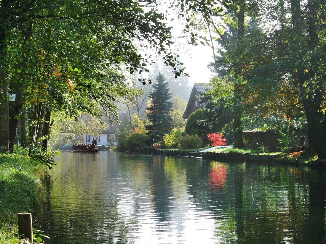 Spreewaldfließ mit Spiegelung im Herbstlicht
